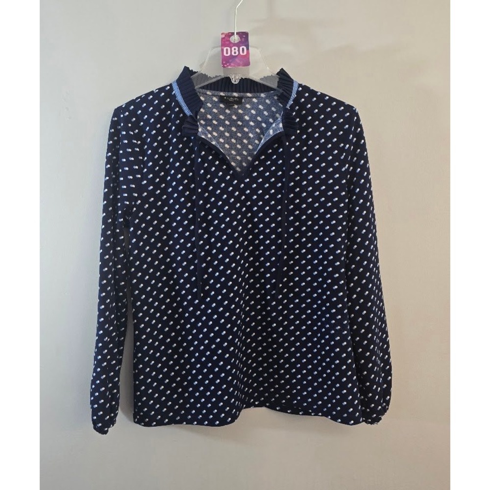 Talbots Women Blouse Navy White Polka Dot Ruffle Neck Long Sleeve Preppy Size MP